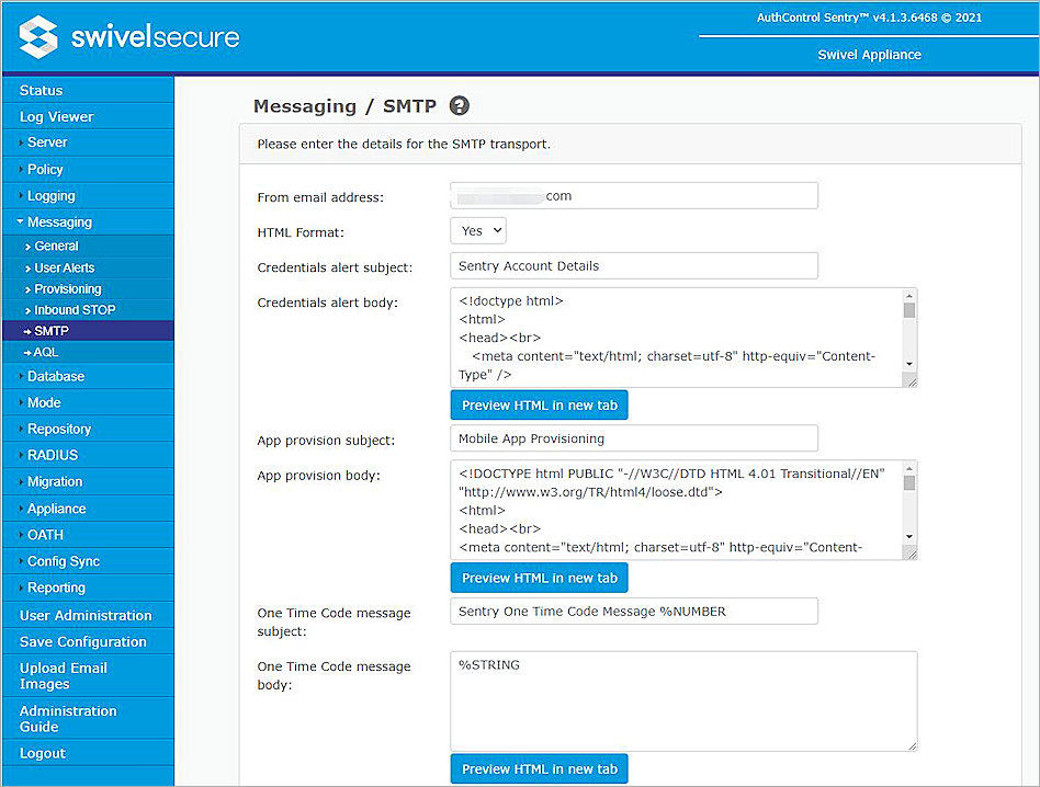 Screen shot of the Messaging SMTP settings page